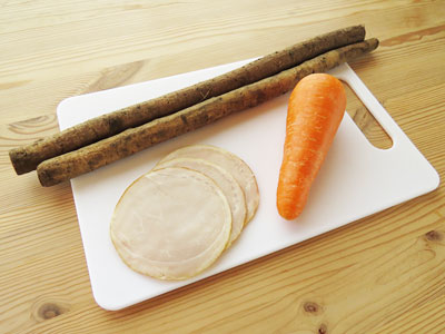 分量の目安:ごぼう、にんじん、ハム