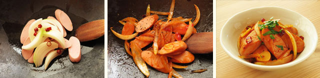魚肉ソーセージのケチャップ炒めの調理工程、イメージ
